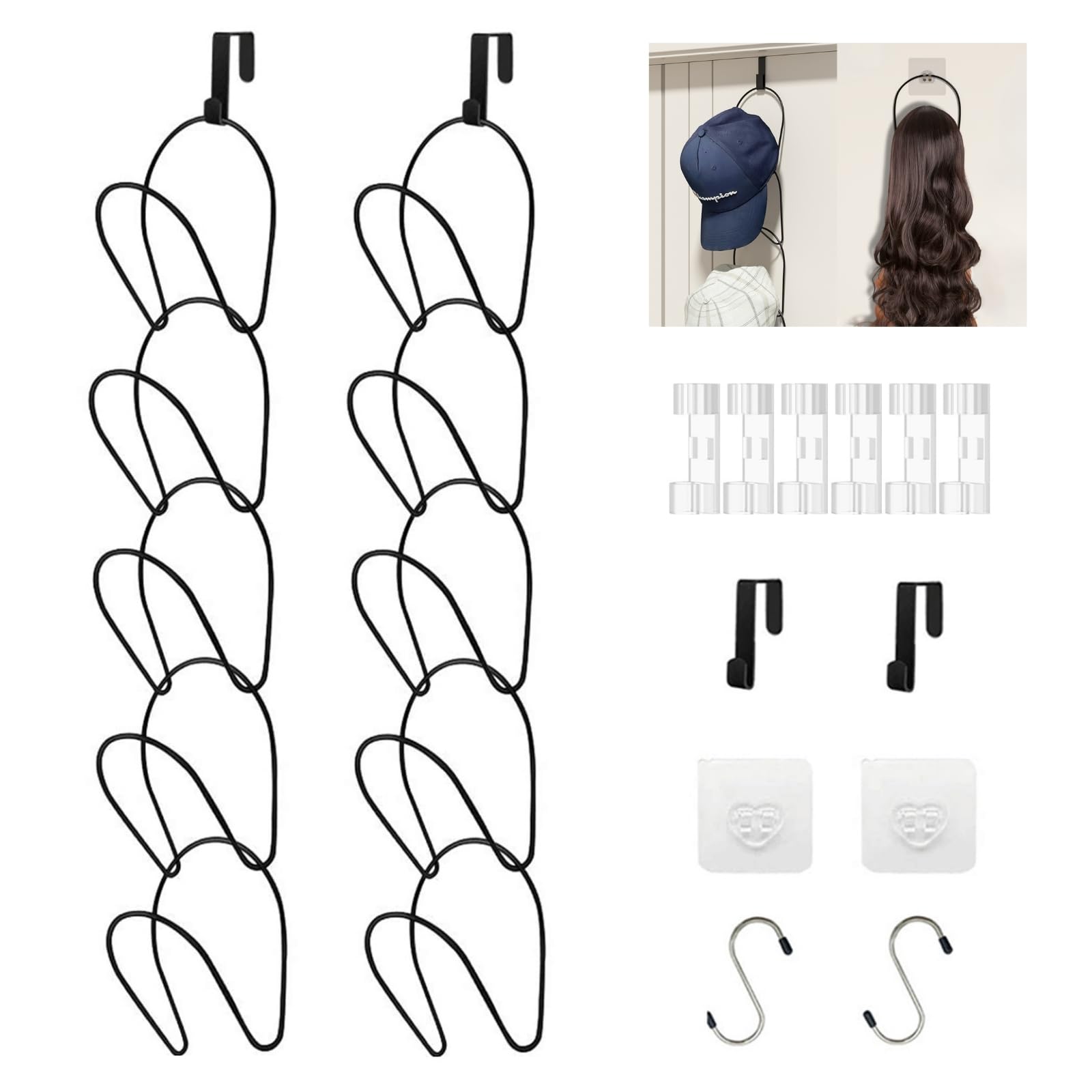 LINFIDITE 10 Pack Hat Rack Hanger Holder Organiser Closet Hanging Baseball Cap Display Storage Rack for Scarves Handbags Towels Clothes Ties Over Door Wall Mounted w Hanging Hook Black