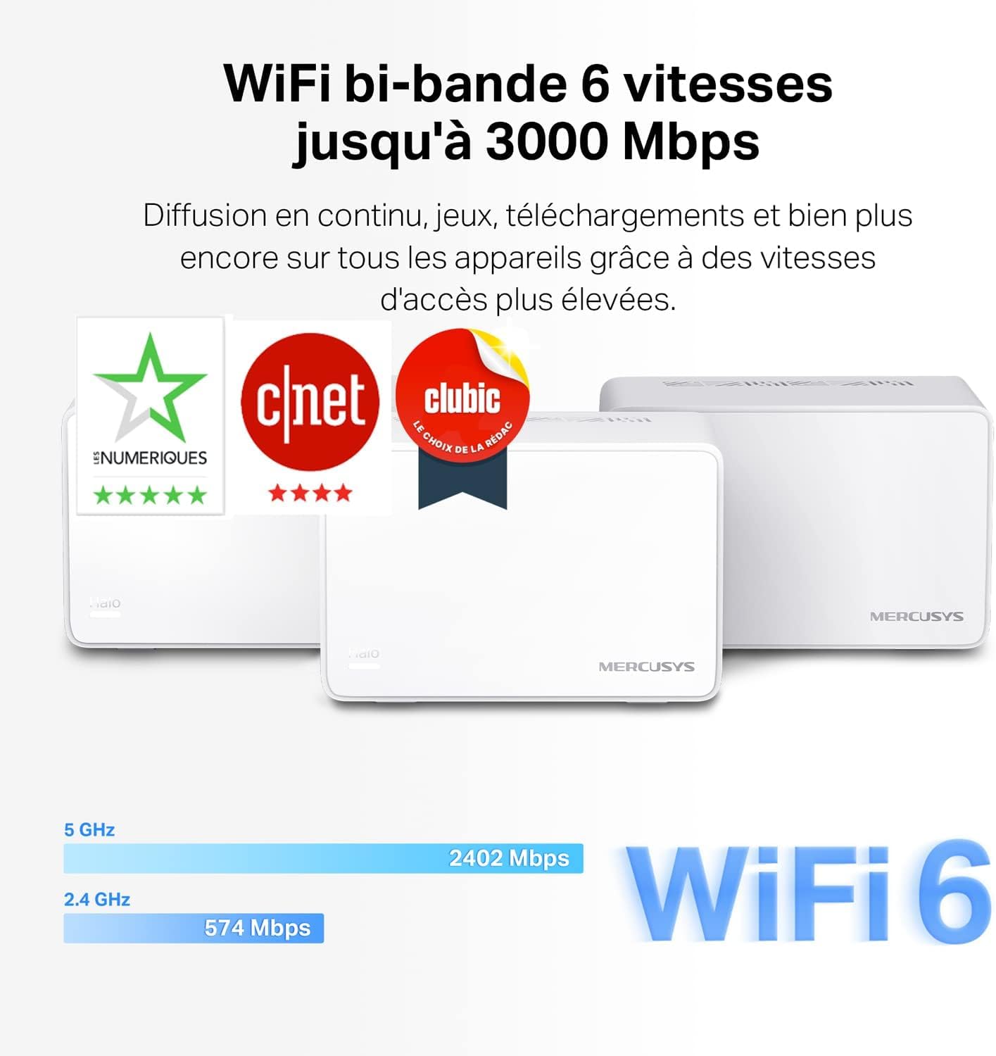 MERCUSYS Halo H3000X(2-Pack) TP-Link WiFi Mesh Routeur WiFi 6 Bi-Bande AX3000Mbps, Couverture Jusqu'à 460 m², Canaux 160 MHz, 3 Ports Gigabit, Repeteur WiFi, Contrôles Parentaux Puissants