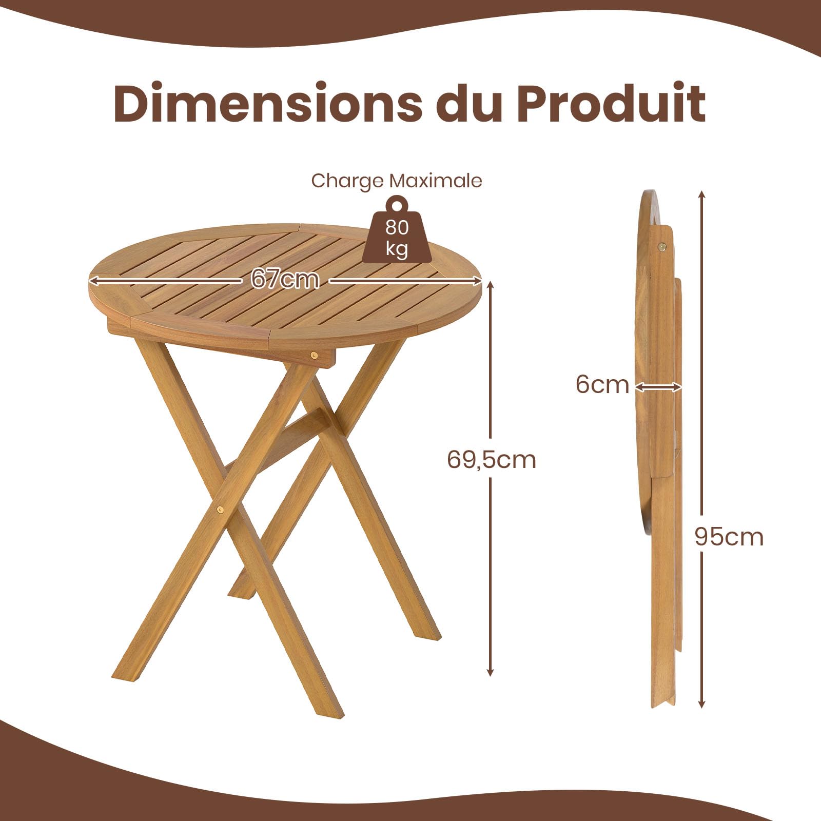 GOPLUS Table Pliante Exterieur Bois d'Acacia Ronde Balcon Pliable Plateau à Lattes 80 kg 67 x 69,5 cm