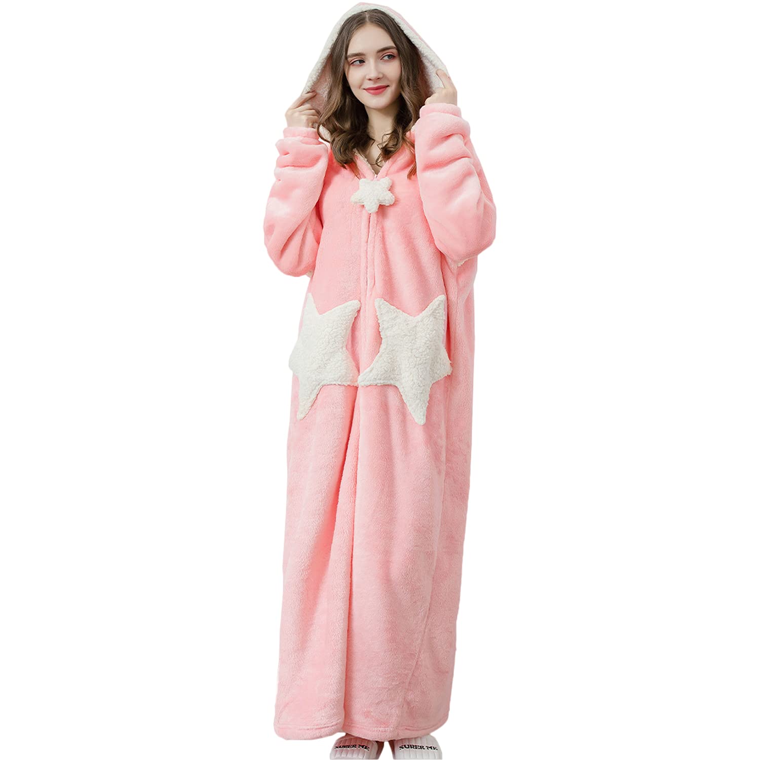 Sacebeleu Bademantel Damen Flanell Rosa Morgenmantel Lang mit Kapuze Reißverschluss Stern Nachtwäsche Flanell Paar Set Hausmantel Herren Weich Hausmantel Pulloverdecke Pyjama Unisex Pink M