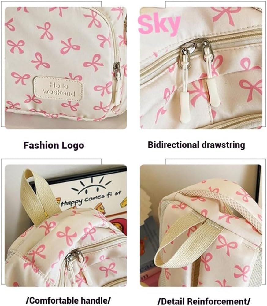 Pink Bow Backpack Cute for Womens and Girls, Kawaii Coquette Nylon Backpack, 3PCS Set Large Capacity Bow Bookbag Shoulder Bag (Pink)