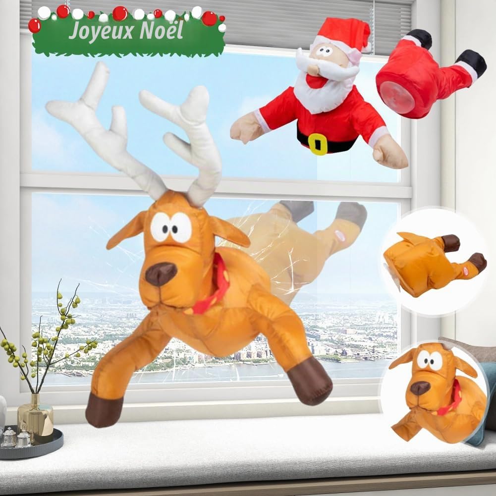 Décoration Noël Animée Pères Noël et Rennes S'écrasant sur Fenêtre avec Autocollant Vitre Cassée et Animation (2 pièces)