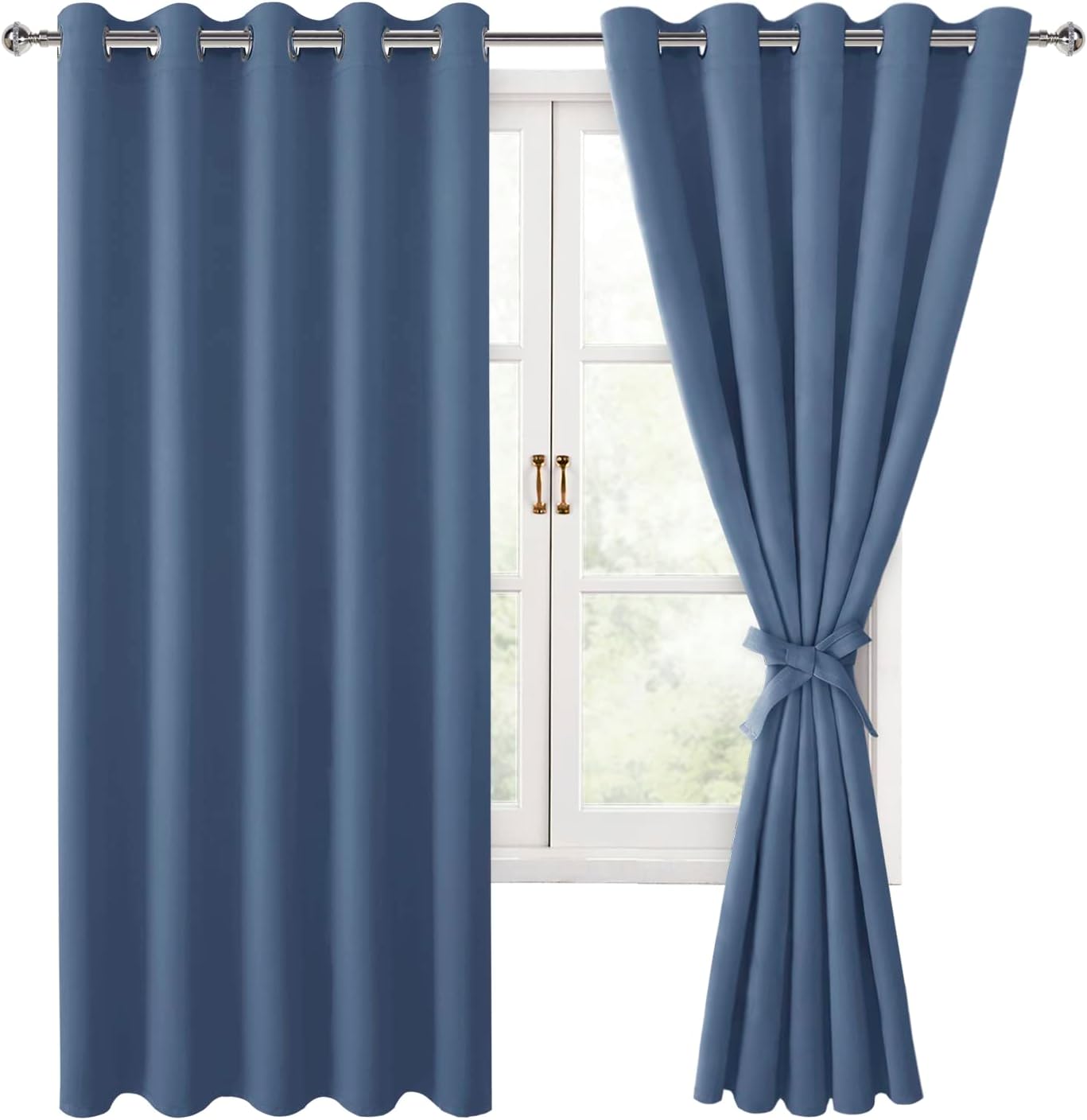 Hiasan Blackout Curtains for Bedroom, 60 x 63 Inches Length - Thermal Insulated & Light Blocking Window Curtains for Living Room/Kids Room, 2 Drape Panels Sewn with Tiebacks, Blue Haze