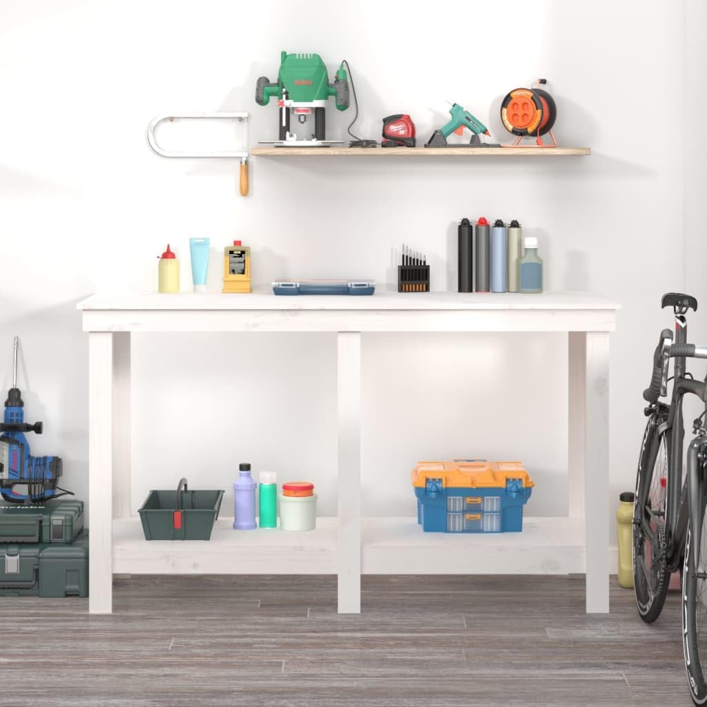 Banco de trabajo blanco de madera maciza de pino 140 x 50 x 80 cm con estante, cajón, estantería y pared perforada para taller, garaje, sala de ocio y trabajos de reparación