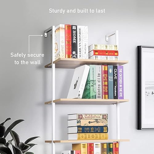 Miniatura 5 de Estante de escalera para montaje en pared, estantería de escalera de 5 niveles con estante de madera y marco de metal, estantes altos modernos de