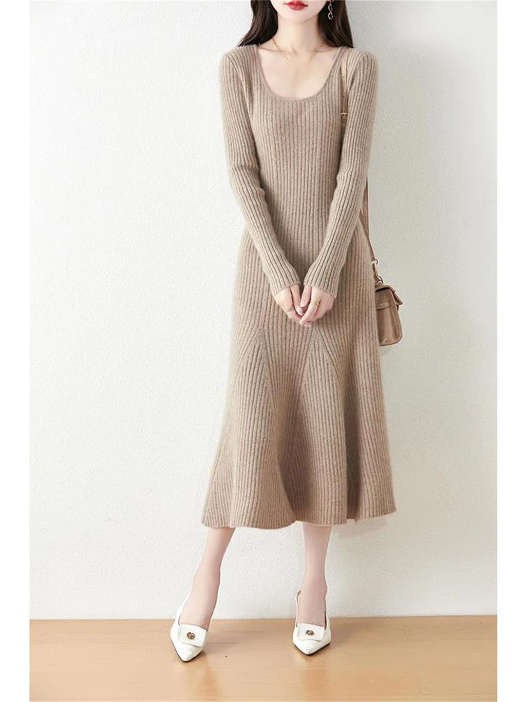SAeWare Abito da donna in maglia di lana tinta unita con scollo a U gonna a coda di pesce abiti casual a righe autunno inverno, Pnnrk-XL