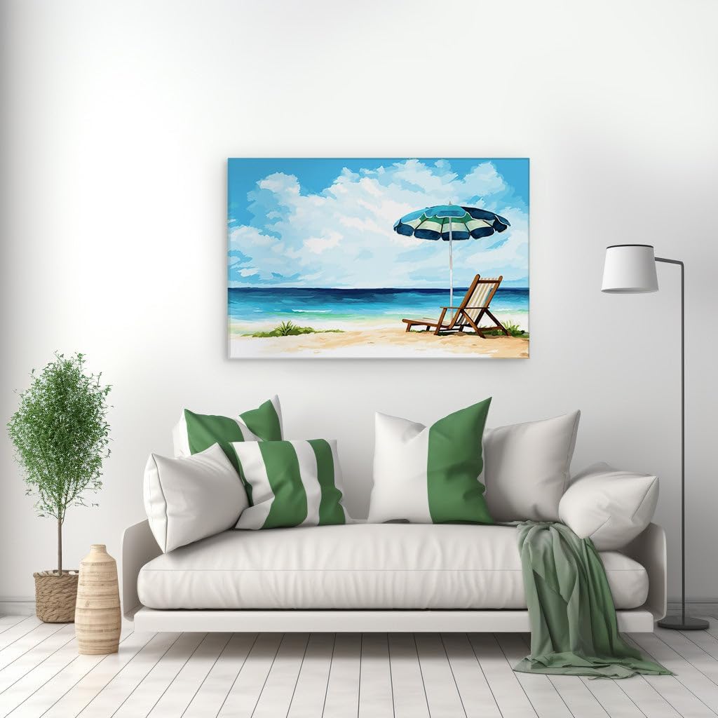 Art Wall: Serene Beach Day With Colorful Umbrella And Wooden Chair, a Tranquil Tropical Escape. Interior Art, Canvas Art Wall, Arts Wall Decoration Size: 69x46 cm (27x18 inch)