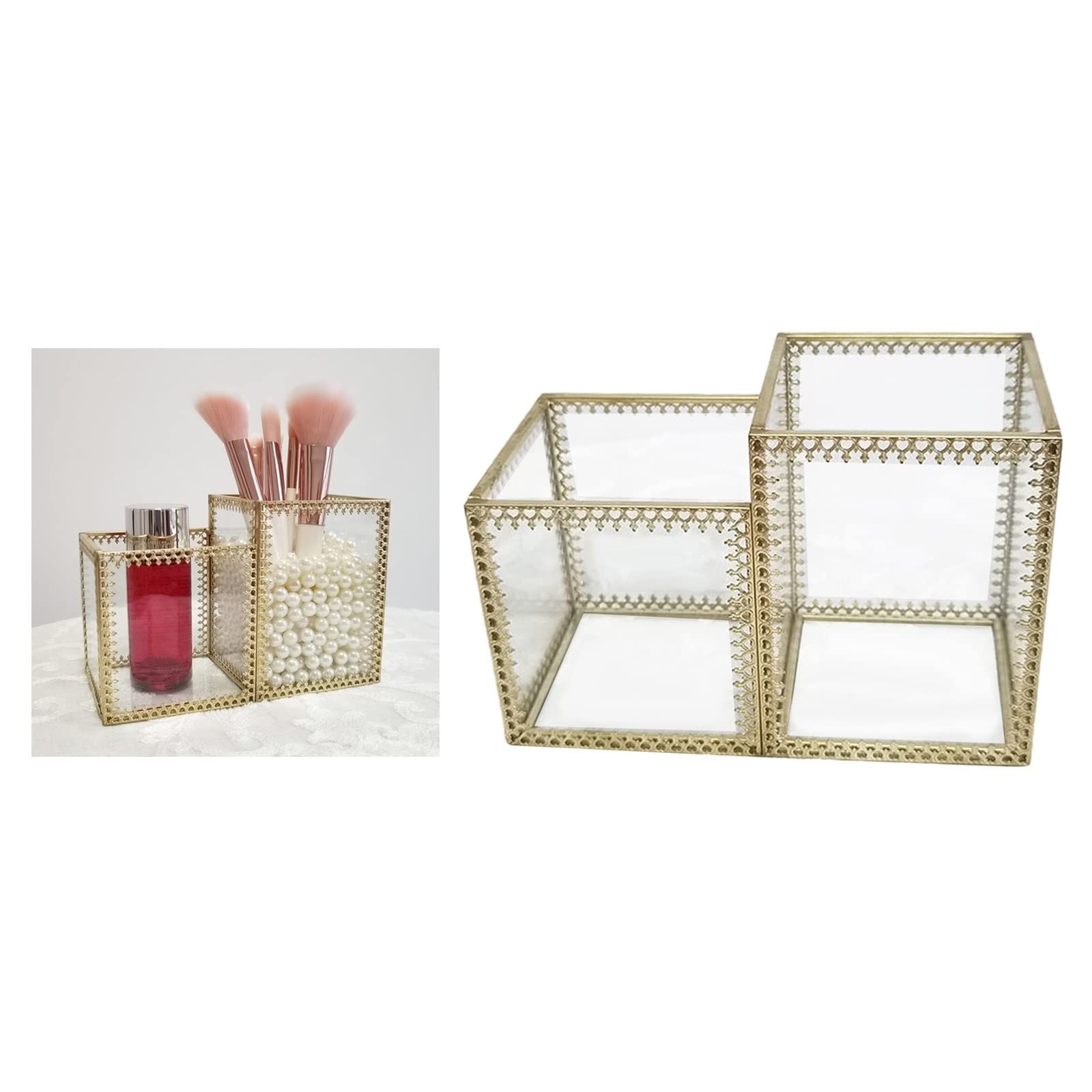 Estuche para brochas y pinceles Caja de almacenamiento de cosméticos con marco dorado, lápiz labial de escritorio, clasificación de joyería de cristal, almacenamiento, organizador de brochas de maquil