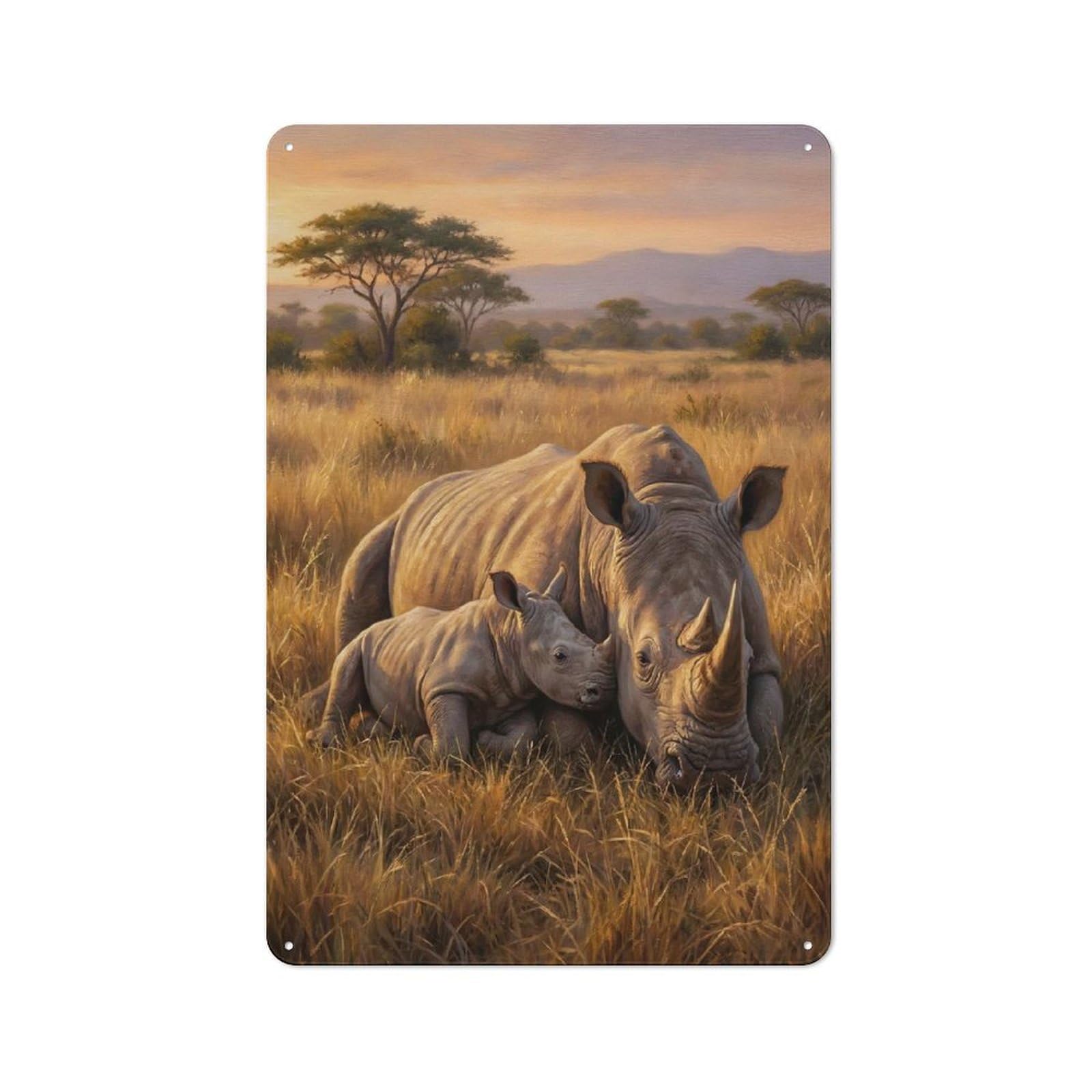 Junmoney Style-16 Workshop Style Rhino Mother And Calf In Savannah Tin Sign 30X20cm, Garage Wall Decor For Tool Room, Garage, Studio Or Home Bar