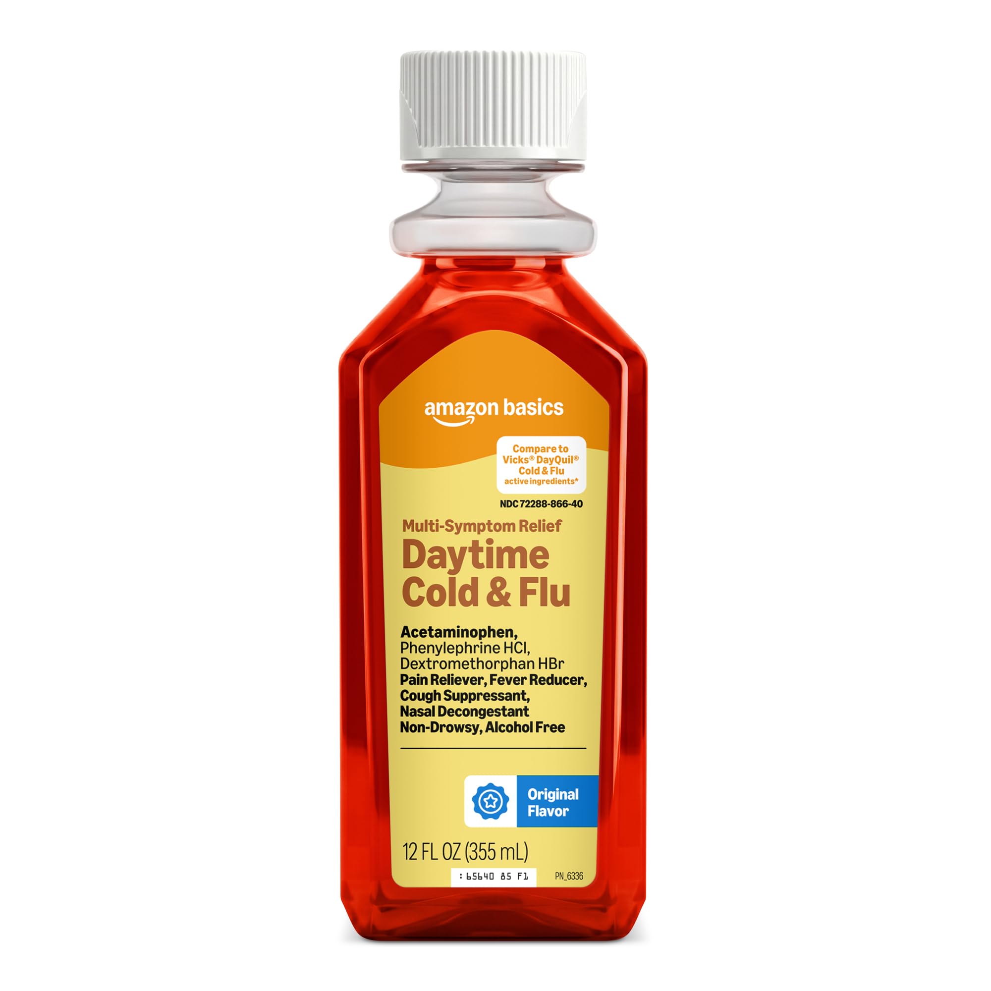 Amazon Basics Daytime Cold and Flu Relief, Non-Drowsy, Liquid Medicine, Original Flavor, 12 fl oz (Pack of 1) (Previously Care)