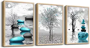 DZRWUBHS Framed Canvas Wall Art, 3pc 12x16in Natural Wood, Abstract Blue Prints, Ready to Hang, Bathroom, Bedroom, Kitchen, Living Room Decor