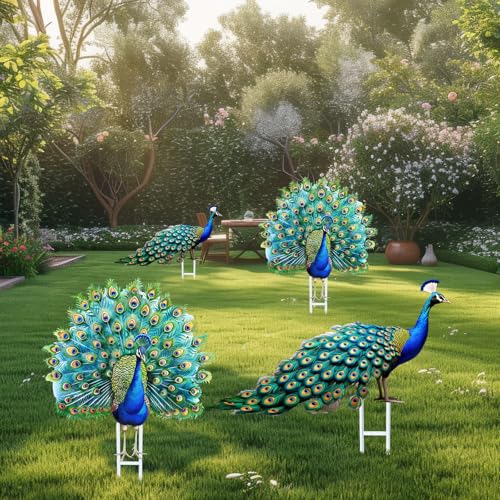 Riakrum 4 Pcs Metal Peacock Statue Garden Decor Outdoor Metallic Peacock Tail Spread Yard Lawn Decoration Housewarming Birthday Gifts for Patio Lawn or Entryway Multicolor