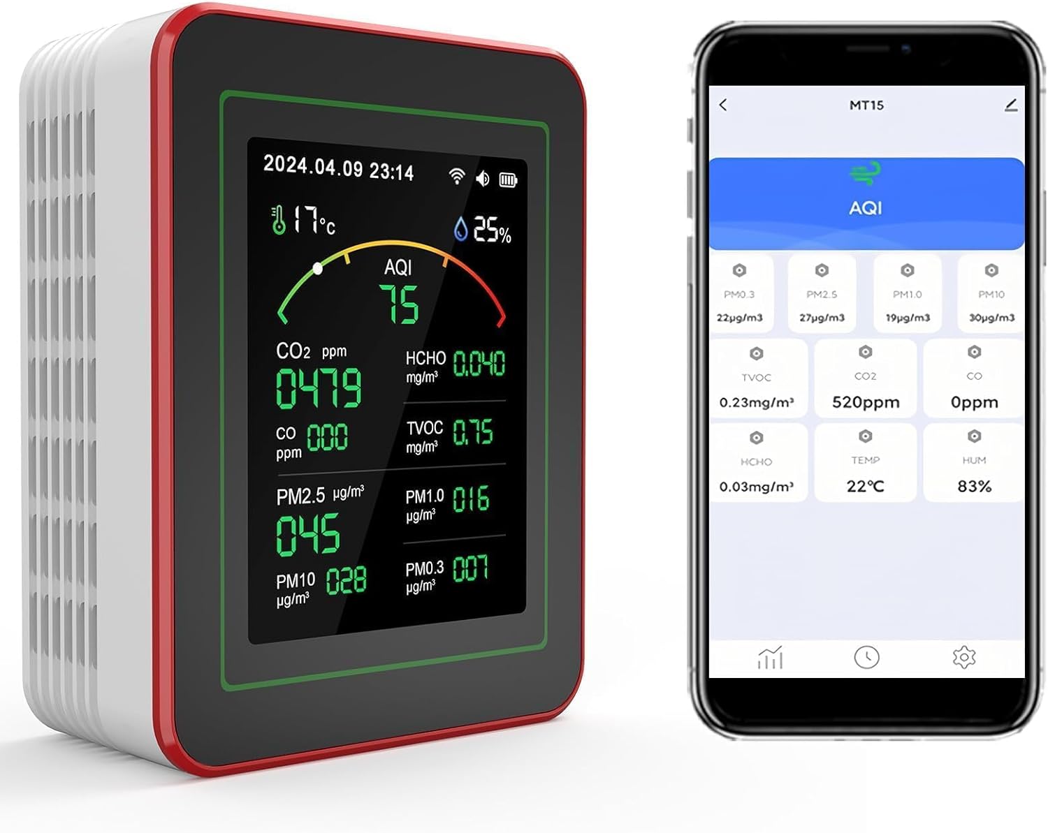 Professional 15-in-1 Air Quality Monitor with Smartphone APP – Dual Chip – Sensors Detect CO2, PM2.5/PM10, HCHO, TVOC | Real-Time Alerts & Custom Thresholds | for Home, Car, Office, Plants, Pets