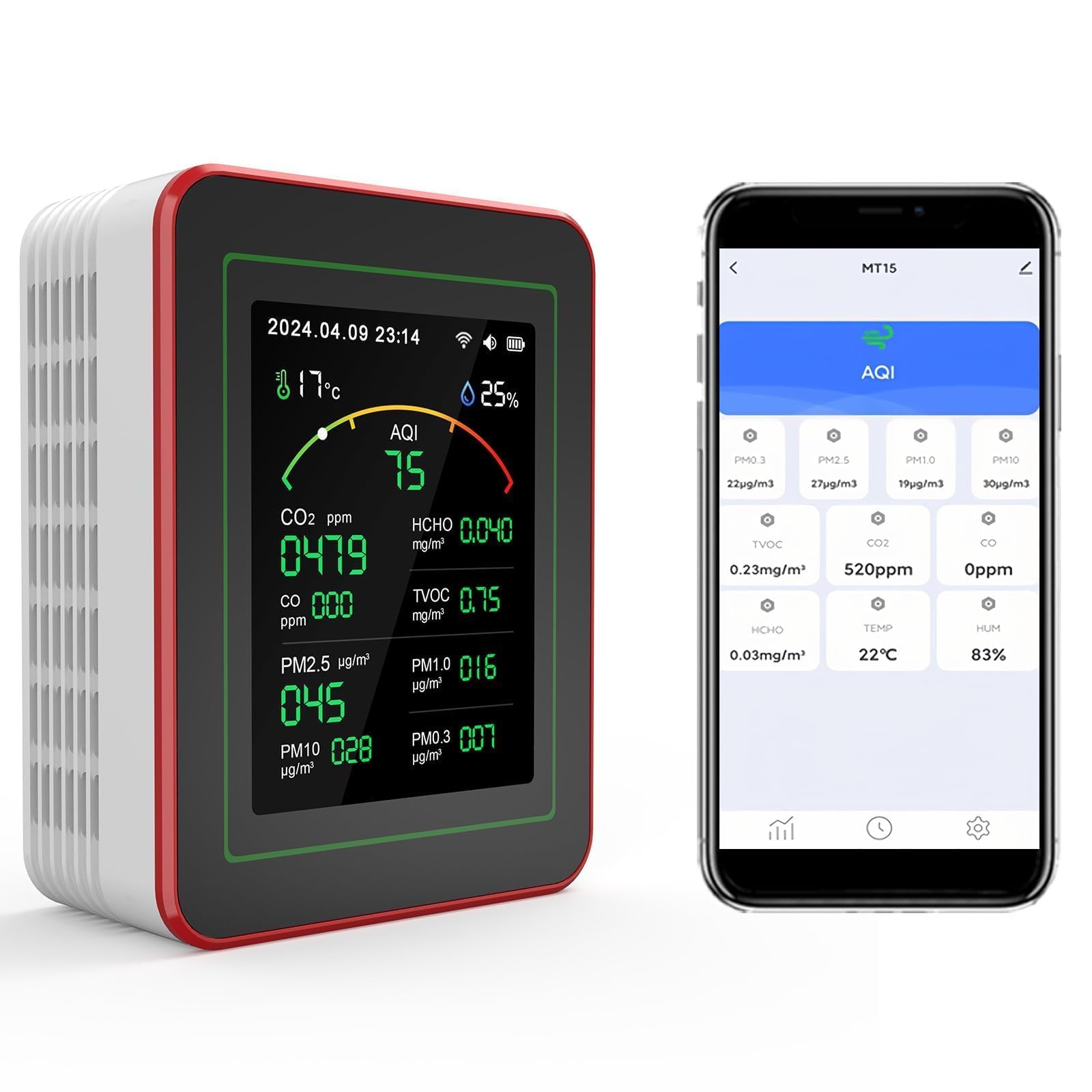 Professional 15-in-1 Air Quality Monitor with Smartphone APP - Dual Chip - Sensors Detect CO2, PM2.5/PM10, HCHO, TVOC | Real-Time Alerts & Custom