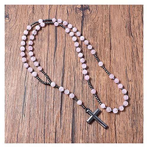 LUOSI Natürlicher Rosenquarz Hämatit Kreuz Anhänger Stein Schutz Katholische Geschenke Christian Schmuck Religiöse Rosenkranz Geschenk Cover