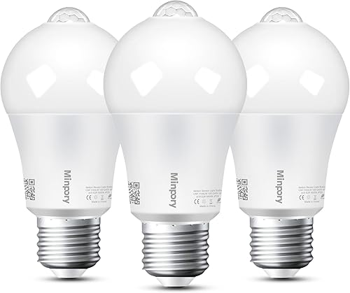 Minpory Paquete de 3 bombillas con sensor de movimiento, 13 W (equivalente a 100 W) 1100 lm activadas por movimiento, bombilla LED de seguridad del