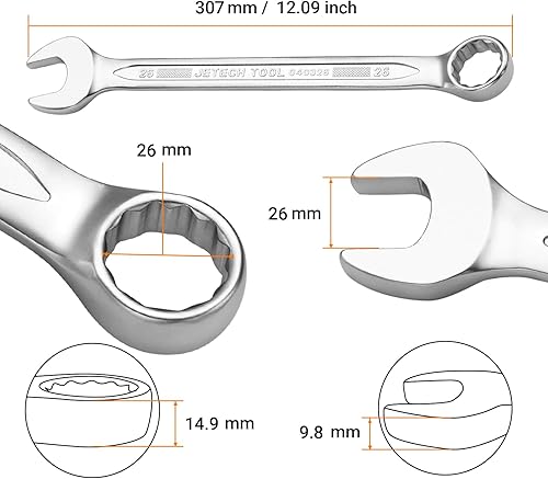Miniatura 9 de Jetech Llave combinada de 0.984 in, grado industrial, acero al cromo vanadio, diseño de 12 puntos, desplazamiento de 15 grados, acabado arenado,