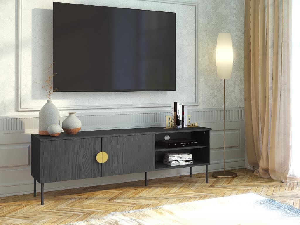 Vente-unique - Meuble TV avec 2 Portes et 2 niches - Noir et doré - Nataniel