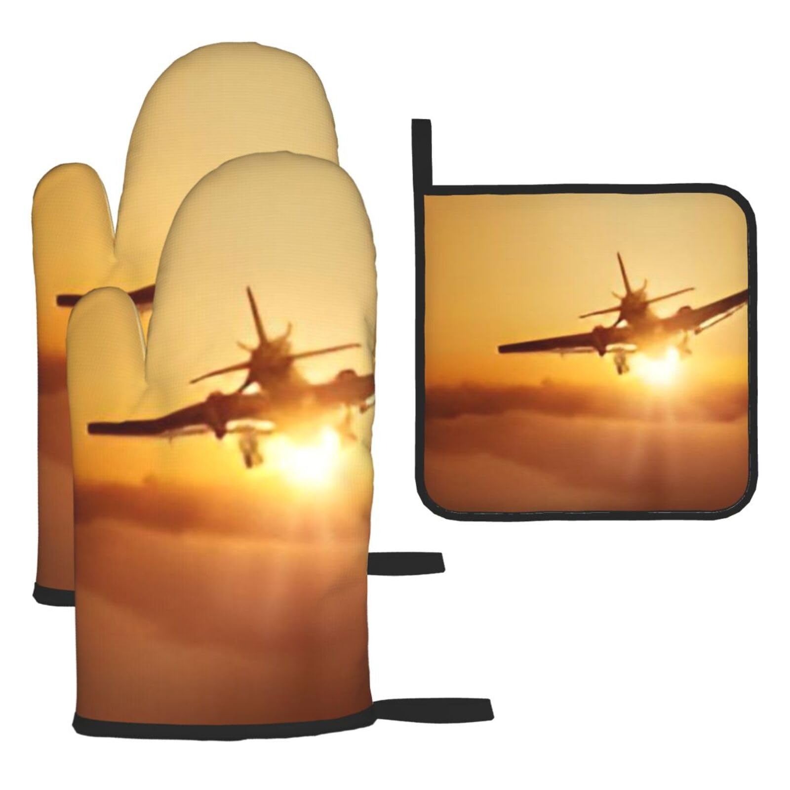 Oven Mitts And Pot Holders 3 Pcs Set - Aircraft Plane At Sunset - Insulated Microwave Oven Mitts And Cooking Mitts, Anti-Skid Oven Gloves Set With Hot Pads, For Cooking, Baking, Grilling