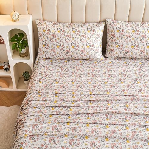 Image of Viviland Floral King Sheet Set - 4 Piece Vintage Pink & Yellow Flower Patterned Bed Sheets - Soft, Breathable Microfiber Sheets with Deep Pocket, Non-Slip Fitted Sheets & Pillowcases