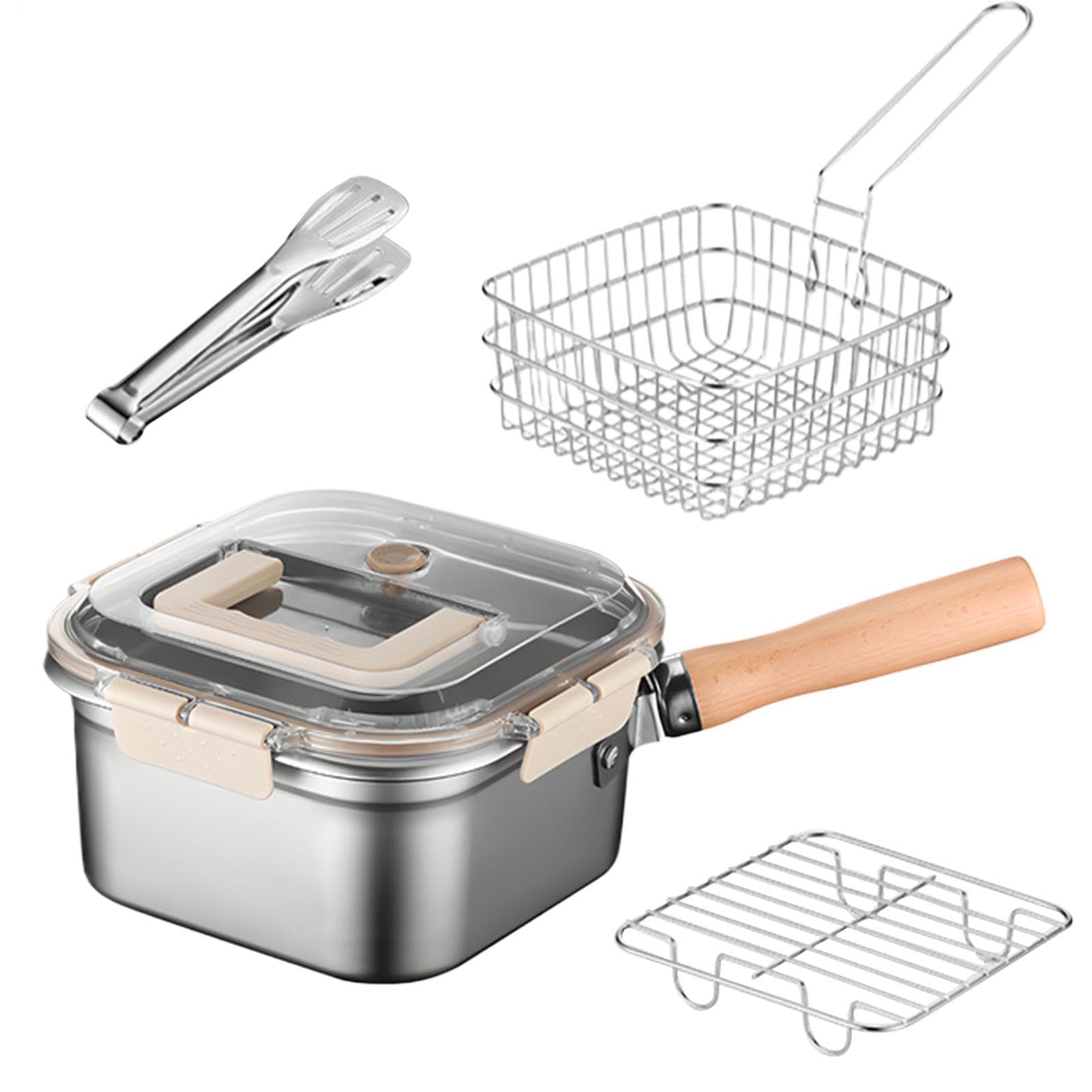 Pentola per Friggere - Set Friggitrice Multifunzionale | Tegame con Cestello | Acciaio Inossidabile Robusto Dotato di Griglia Scolo e Pinza, Paraspruzzi per Cucina Camping & Outdoor Professionale