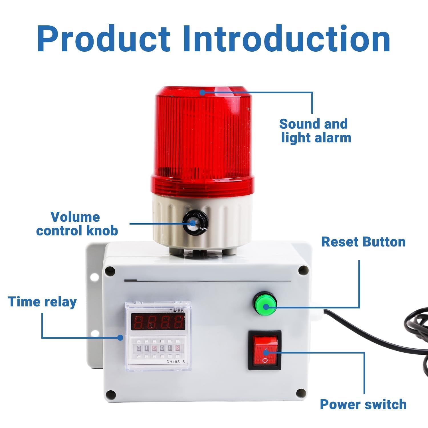 Industrieller Zyklus-Timer Alarm Digitales Zeitrelais 220V Einstellbare Lautstärke 105dB Blinklicht Zyklus- & Einzel-Dual-Modus Auto-Wiederholungs-Timing Zurücksetztaste Industrielle Sicherh