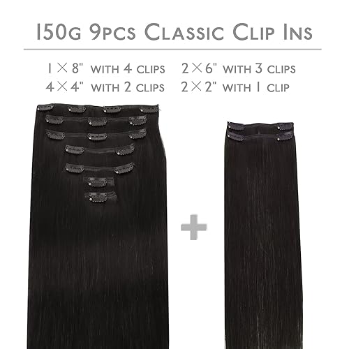 Miniatura 2 de WENNALIFE Extensiones de cabello con broches, 5.22 onzas, 9 piezas, extensiones de cabello humano negro natural, extensiones de cabello humano real