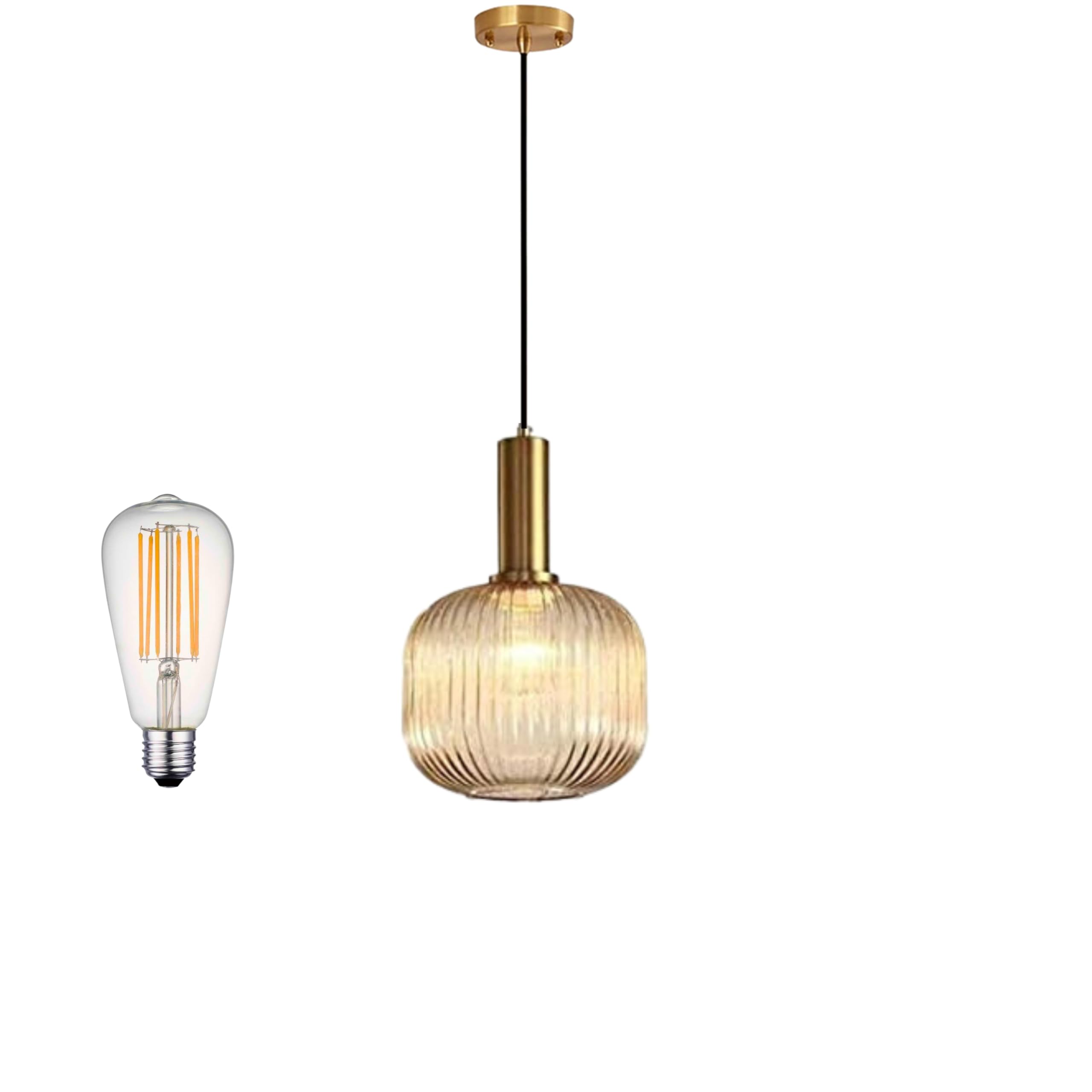 Mossodor Amber Pendant Light Shade Ribbed Pendant Ceiling Light - Include E27 Bulb - Hanging Lamp Ceiling For Kitchen Living Room (, Drum (20Cm)