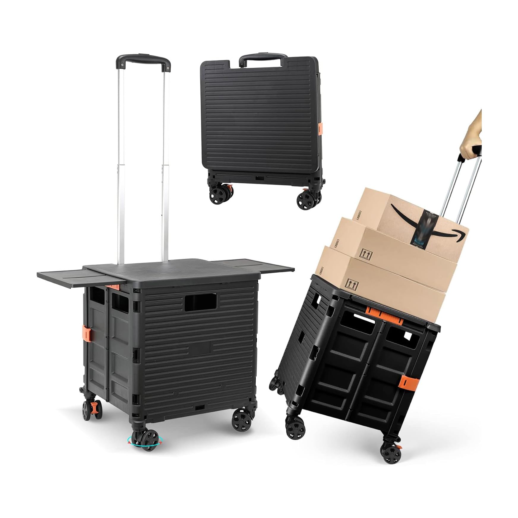 Folding Utility Cart Portable Rolling Crate Handcart with Magnetic Sliding Lid Telescoping Handle Plastic Box Dolly 360°Swivel Wheels for Travel Office Use,Black