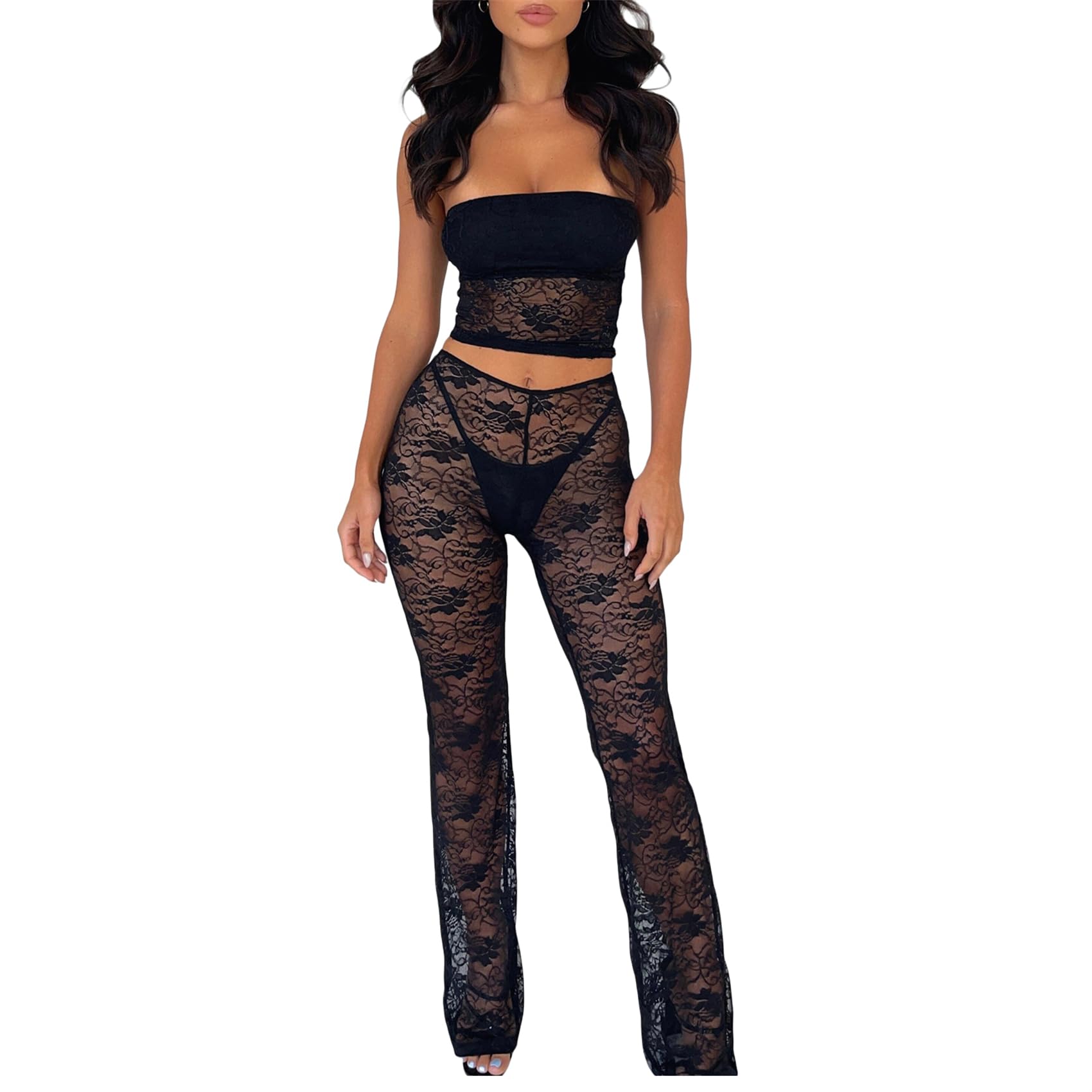 Women Lace 2 Piece Pants Set See Through Floral Lace Crop Corset Tops Slim Fit Flare Pants Sexy Y2k Going Out Outfits
