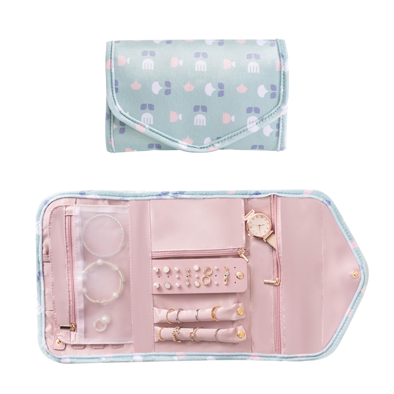 tewiaiiTravel Jewelry Organizer Roll, Foldable Jewelry Roll Bag, Small Jewelry Storage Bag for Journey-Rings, Necklaces, Bracelets, Earrings, Travel Jewelry Organizer Case for Girls (Green)