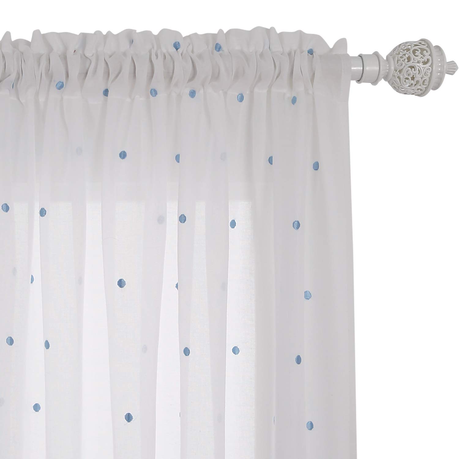 Deconovo Decorative Faux India Cotton Embroidered Blue Dot Rod Pocket Cute Voile Curtain Panels for Windows, 52x96 Inch