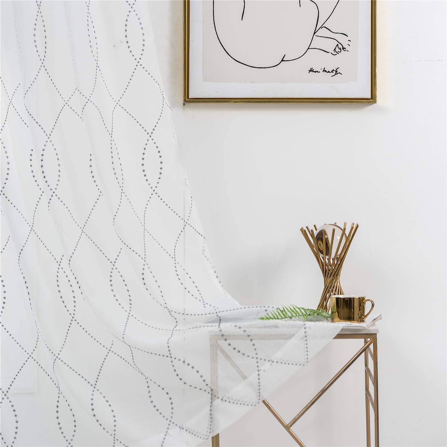 VISIONTEX Sheer Textured Curtains, Moroccan Grey Dots Embroidered White Voile Panels Pair Set, Semi Embroidery Rod Pocket Window Treatment Drapes for Living Room 54 x 63 Inch, Set of 2