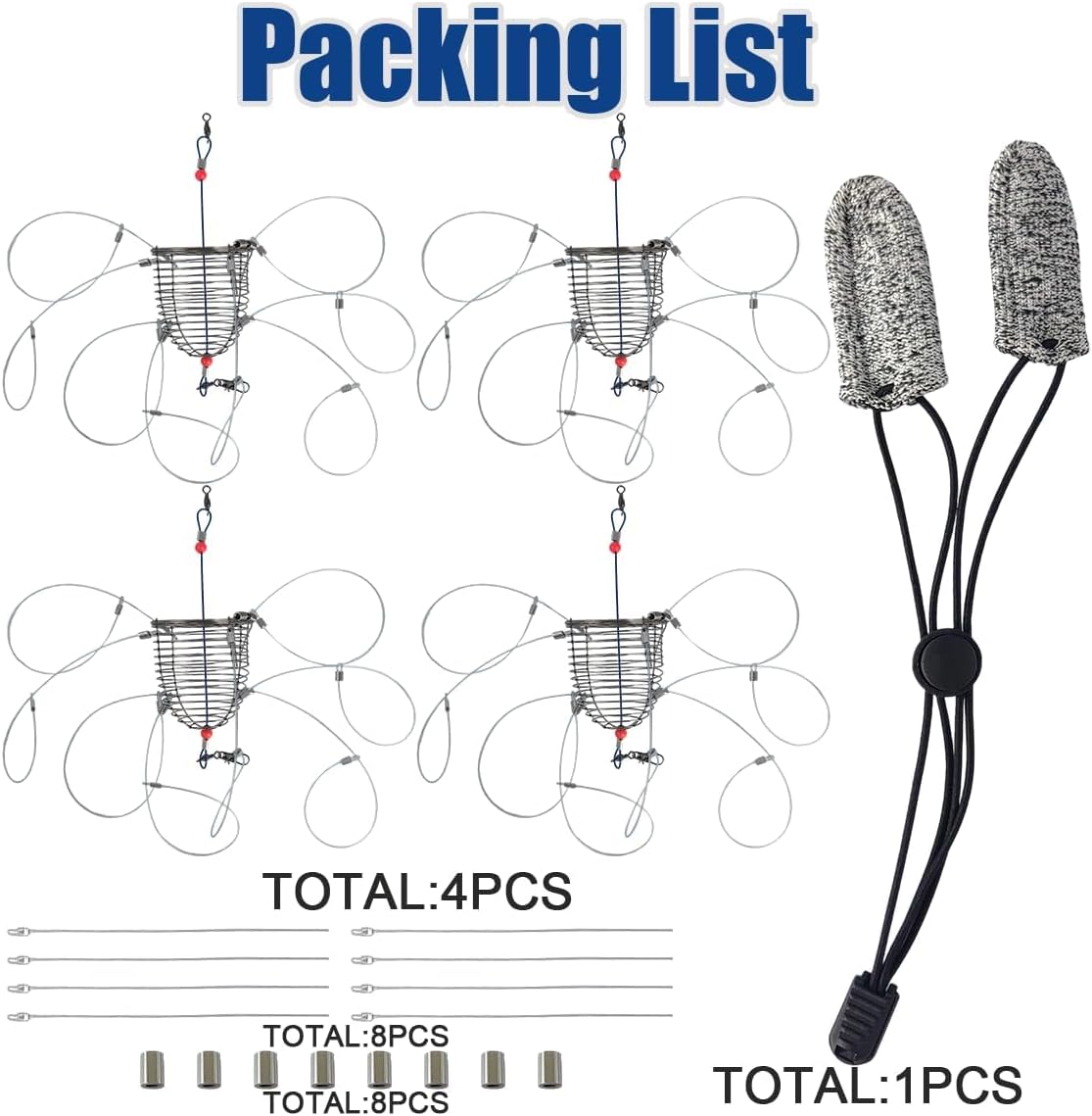 4 Set Stainless Steel Crab Snare Traps with 8 Loops+Non-Slip Finger Covers+Spare Coil and Bushing ，Crab Traps for Blue Crabs/Red Crab/Rock Crab, Crab Snare for Fishing Rods, Crabbing Equipment