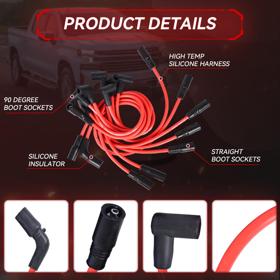 RLP Silicone Spark Plug Wires Set Red 8.0mm Compatible with Chevy GMC Cadillac Isuzu Tahoe Suburban Express Savana C1500 C2500 C3500 K1500 K2500 V8 5.0L 5.7L 9Pcs Replace#9718Q 88862381 35-8150