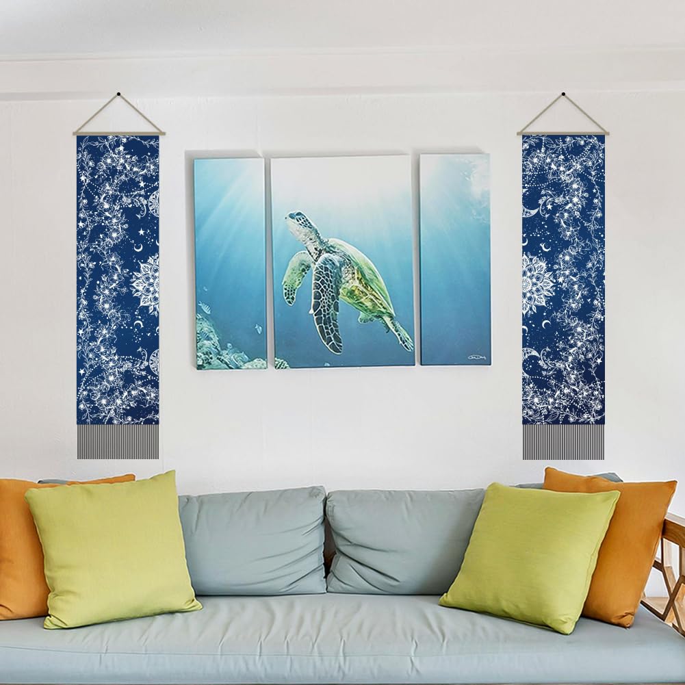 AHANDMAKER 2 tapices de mandala azul, tapiz vertical largo floral bohemio para colgar en la pared, tapiz de pared con borla de mandala indio, tapiz estético místico para dormitorio y sala de estar