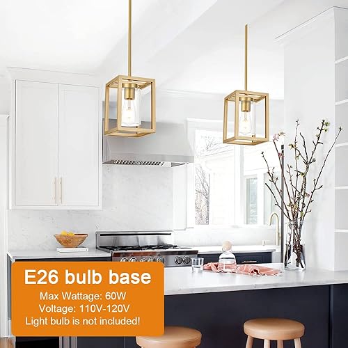 Miniatura 6 de VINLUZ Candelabro rústico de 1 luz con acabado dorado, moderno accesorio de iluminación colgante industrial con pantalla de vidrio transparente,