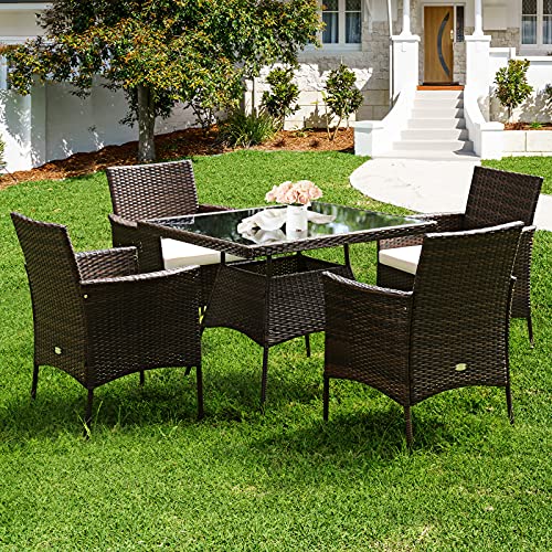 Tangkula 5 Pieces Wicker Patio Dining Set, Outdoor Pe Rattan Chairs Table Set With 4 Seat Cushions, Patio Dining Furniture With Tempered Glass Tabletop, Suitable For Porch, Yard #TOP2