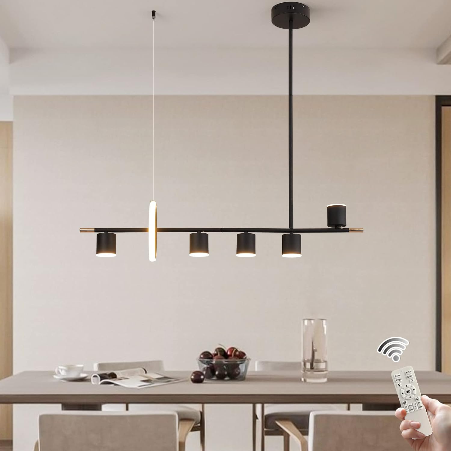 Siittoo Modern Black Pendant Light, LED Dimmable Hanging Pendant Light Fixture with Spotlights, 40'' Modern LED Chandelier Kitchen Island Light for Table Dining Room Bar (40W, 6-Light, Matte Black)