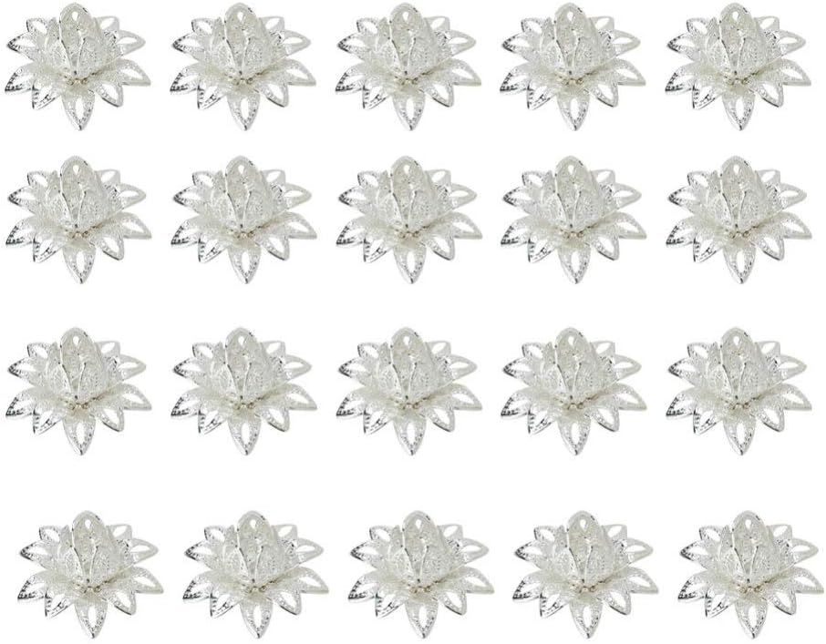 SUPVOX 20Pcs Lotus Flower Bead Caps Silver Filigree End Caps for Jewelry Making Necklace Bracelet Accessories 0.62 Inch Copper Holder