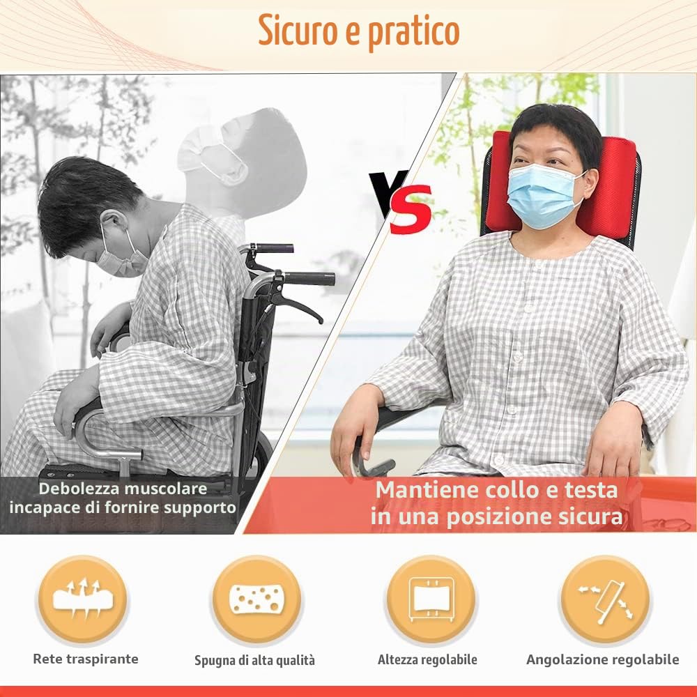 Poggiatesta per sedia a rotelle Supporto per il collo Imbottitura testa Cuscino portatile e regolabile per 16-20" Accessori per viaggio universale sedie a rotelle per adulti (rosso)