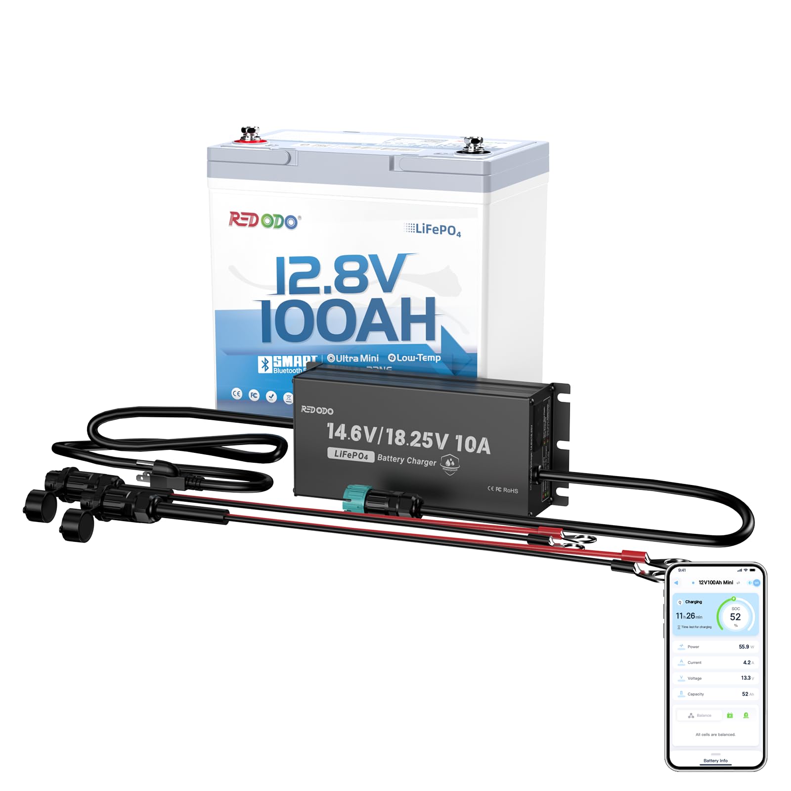 Redodo 12V 100Ah Ultra-mini Lithium Battery with 12V/16V 10A Charger