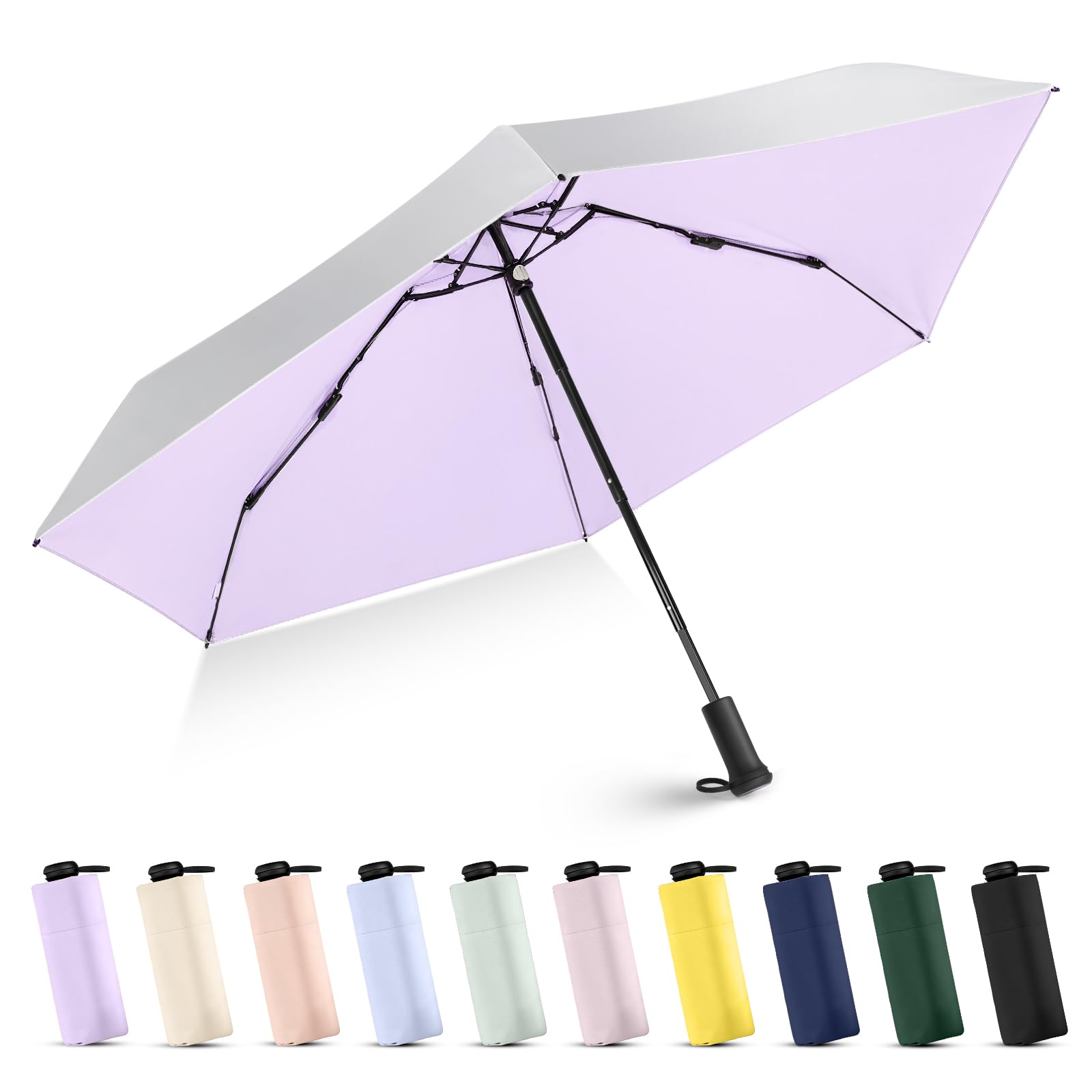 Mini paraguas de viaje, protección solar UPF 50+, compacto, manual, plegable, portátil, pequeño, color morado.