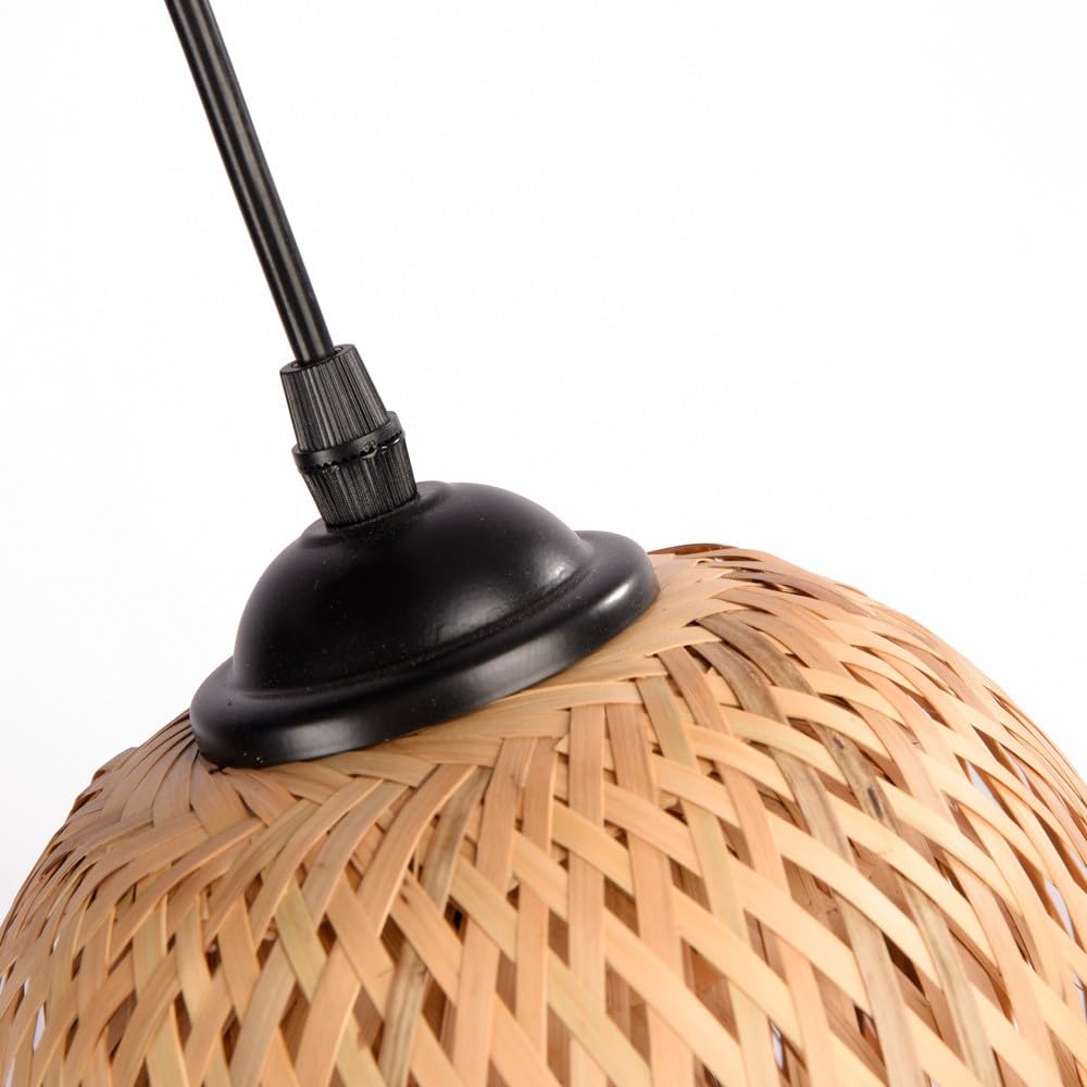 BARCELONA LED Lámpara Colgante Triple de Mimbre y Bambú Natural Base Metálica Negra, Estilo Nórdico y Japonés, 3xE27, Iluminación Cálida para Salón, Comedor o Restaurante