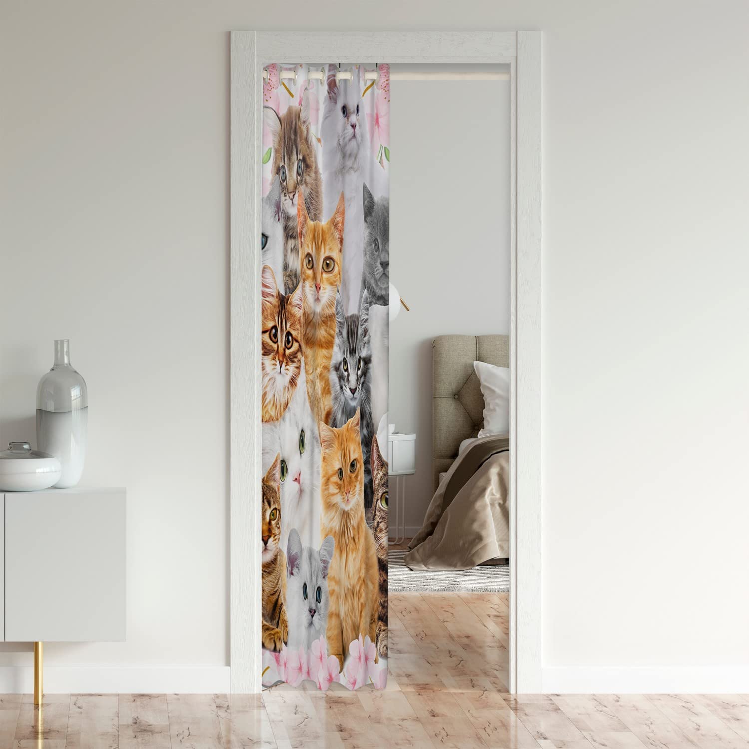 Loussiesd Cartoon Cat Toddler Darkening Blackout Curtain Cute Animal Flowers Door Curtain Doorway Privacy Pet Cat Lovers Pink Closet Door Cover Curtain Various Categories Cat Decor 86x203cm 1 Panel - Image 3