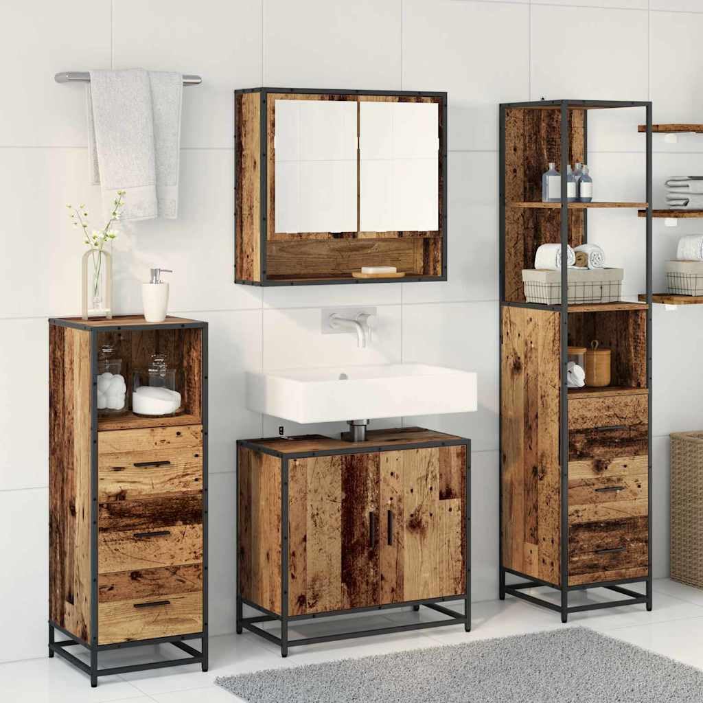Set di mobili da bagno in legno anticato con cassetti e ripiani, 4 pezzi, mobile da bagno, mobiletto sottolavabo, armadietto a specchio, armadietto alto, salvaspazio, per WC degli ospiti