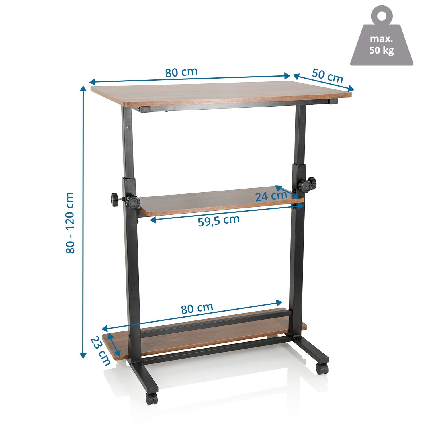 hjh OFFICE Stehpult höhenverstellbar Workstation II 80x50 cm Mobiler Computertisch mit Rollen, Laptoptisch, Schwarz/Walnuss 830070