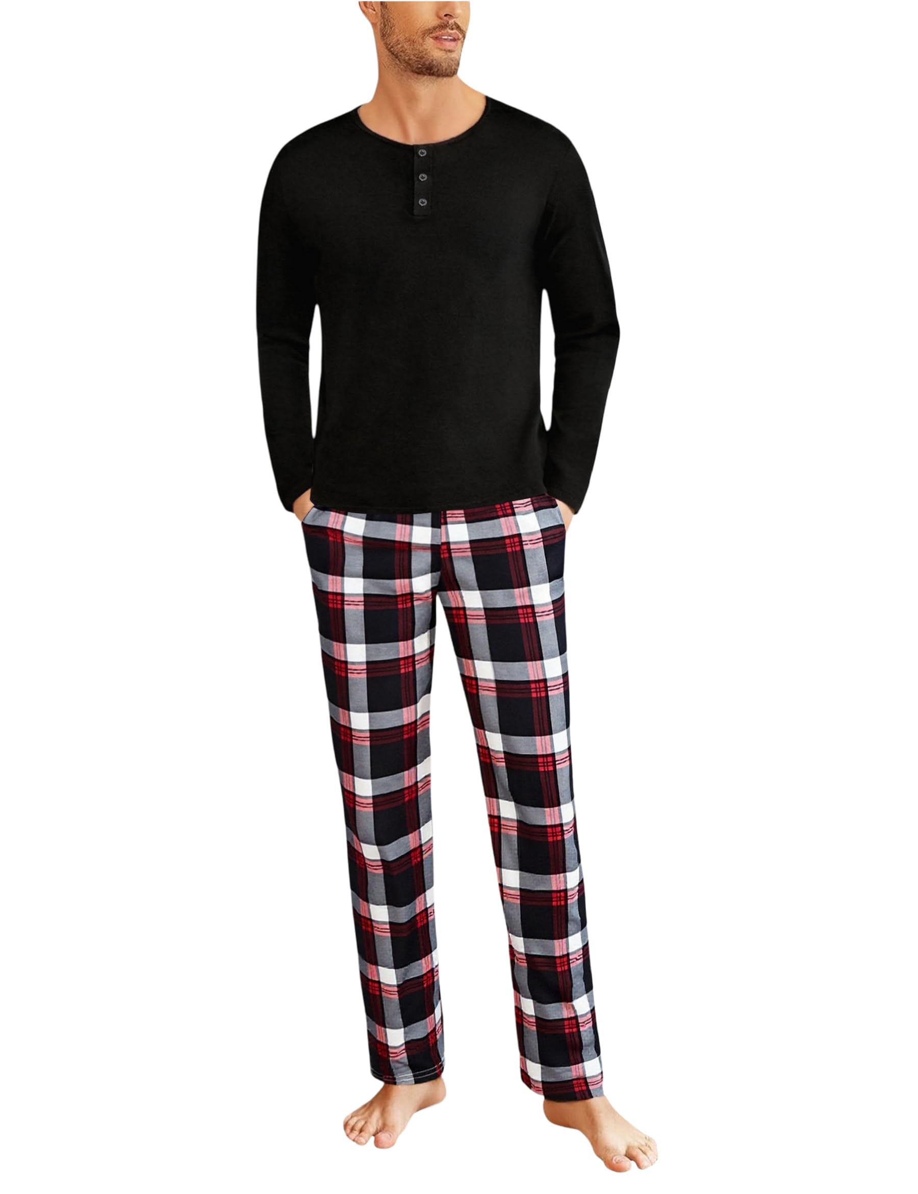 Uniexcosm Schlafanzug Herren Lang Kariert Pyjama Set Zweiteiler Nachtwäsche V-Ausschnitt Langarm Oberteil und Pyjamahose Sleepwear Schlafanzüge für Männer