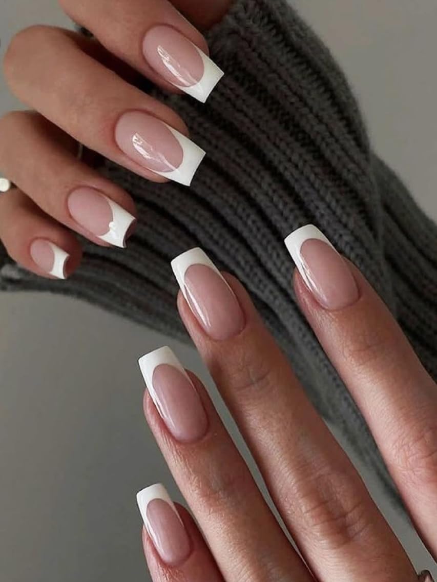 Press on French Nails Set 12 Pcs With Nail Glue & Nail Buffer