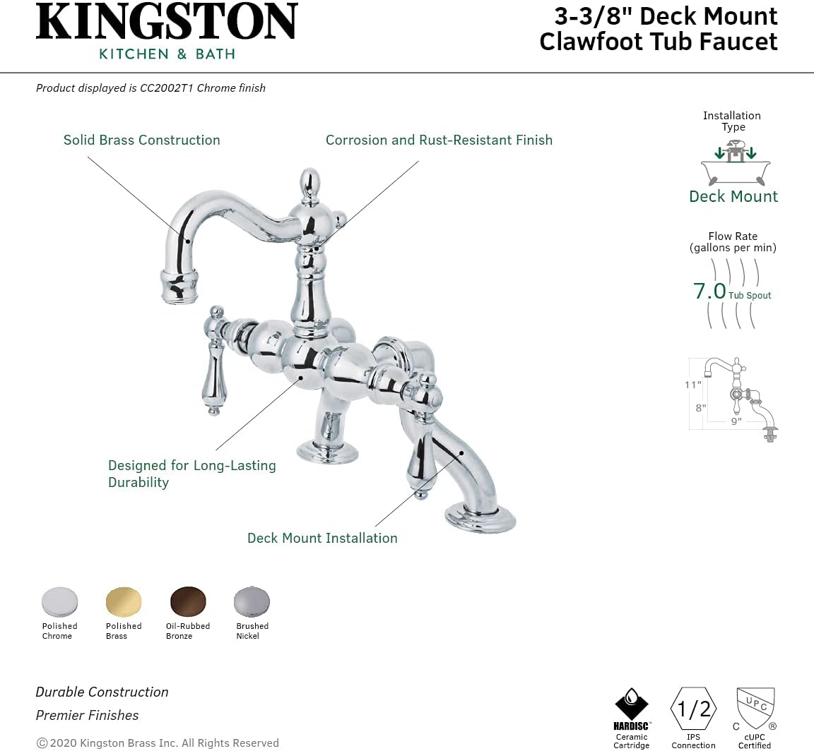 Uр Tо 40% оƒƒ Kingston Brass CC2001T2 Vintage Clawfoot Tub Faucet, 3-3/8-Inch to 10-Inch Adjustable Spread, Polished Brass